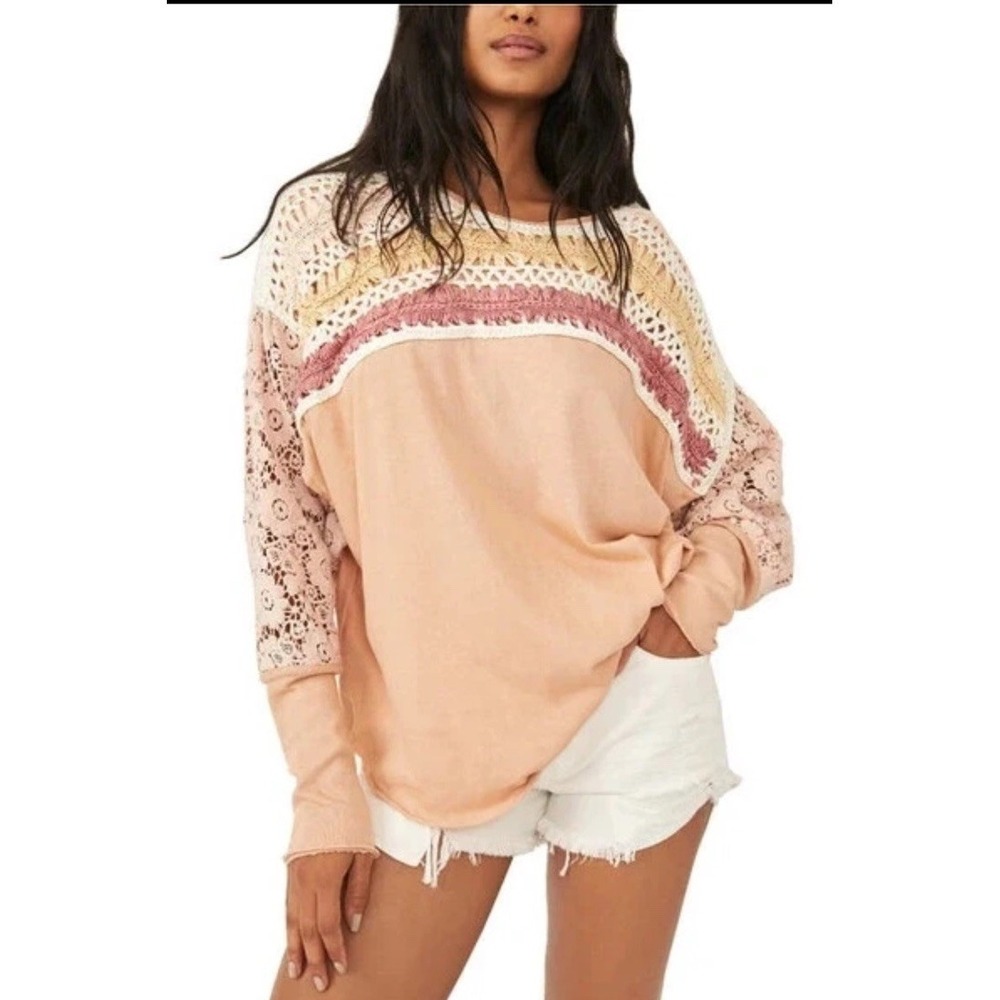 Free People Women's Brown Sugar Combo High Hopes Crochet T-Shirt Size S
